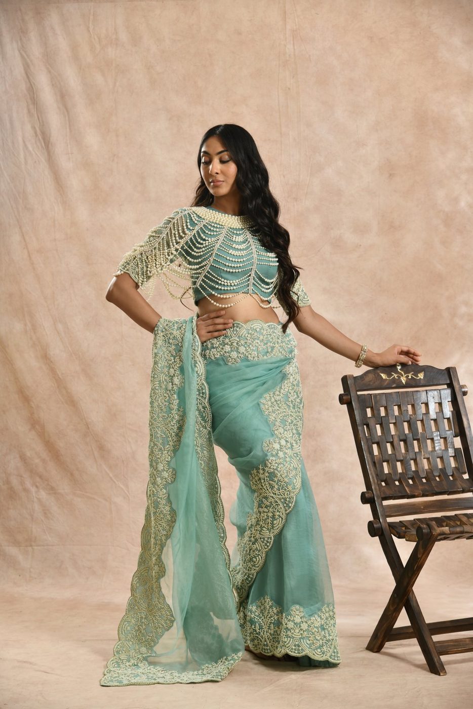 Moti Saree — aqua organza saree with pearl-cape blouse